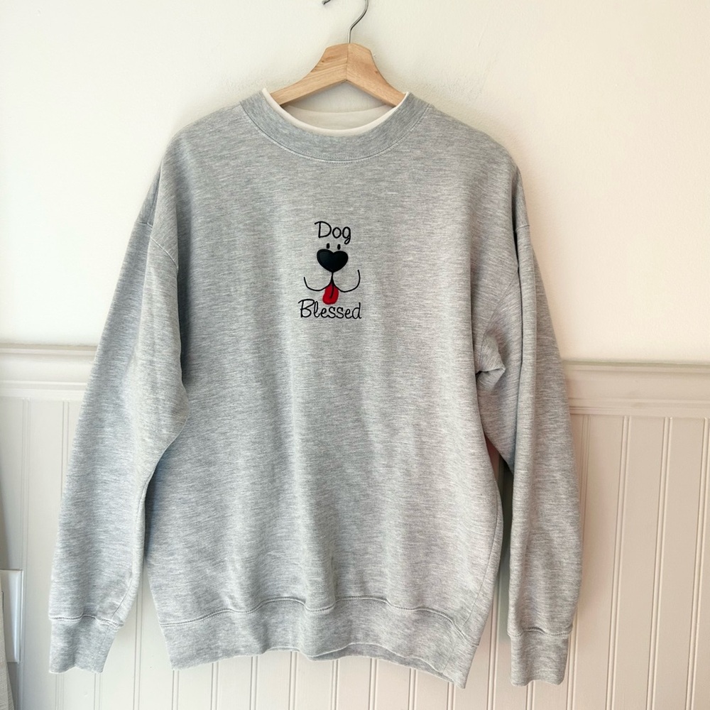 Vintage MC Sportswear “Dog Blessed” Gray Crewneck Sweatshirt Large Embroidered
